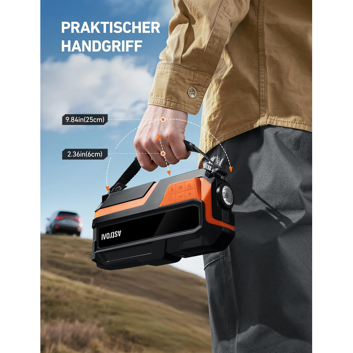 AstroAI MF16 6000A Powerbank для старту авто з компресором 150 PSI, 6000A, 12V, для бензинових/дизельних авто, мотоциклів, SUV, з LED-дисплеєм, помаранчевий