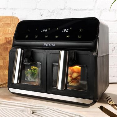 Двокамерна аерофритюрниця Petra PT5196GWVDE 7,6 л, без олії, 1700 Вт, подвійна шухляда з оглядовими вікнами, антипригарні кошики, 10 програм