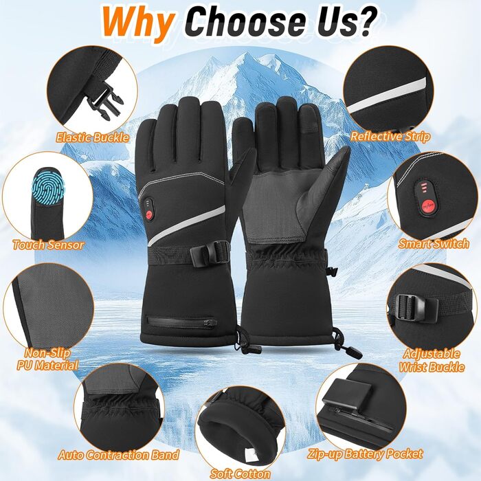 Гріючі рукавички для чоловіків та жінок, 3-рівневий нагрів, на батареї 7.4V 20000mAh, до 12 годин роботи, водонепроникні для катання на лижах, піших прогулянок, велосипеда, кемпінгу