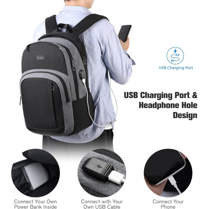 Рюкзак для підлітка/чоловіка/жінки, 35л, USB-порт, 15.6