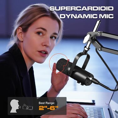 Мікрофон Ortizan XLR/USB для геймінгу та подкастингу з регулятором гучності, кріпленням, ефектами та шумозаглушенням - Чорний