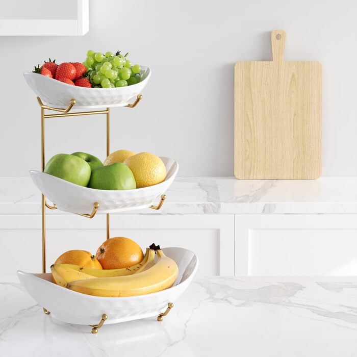 Трьох'ярусна фруктова тарілка Acliys з кераміки (золото) – для зберігання фруктів, овочів, снеків та десертів