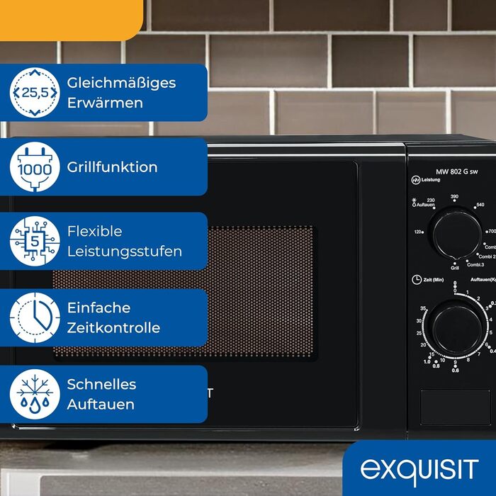 Мікрохвильова піч Exquisit MW 802G, 20л, 1000 Вт, гриль, таймер, чорна