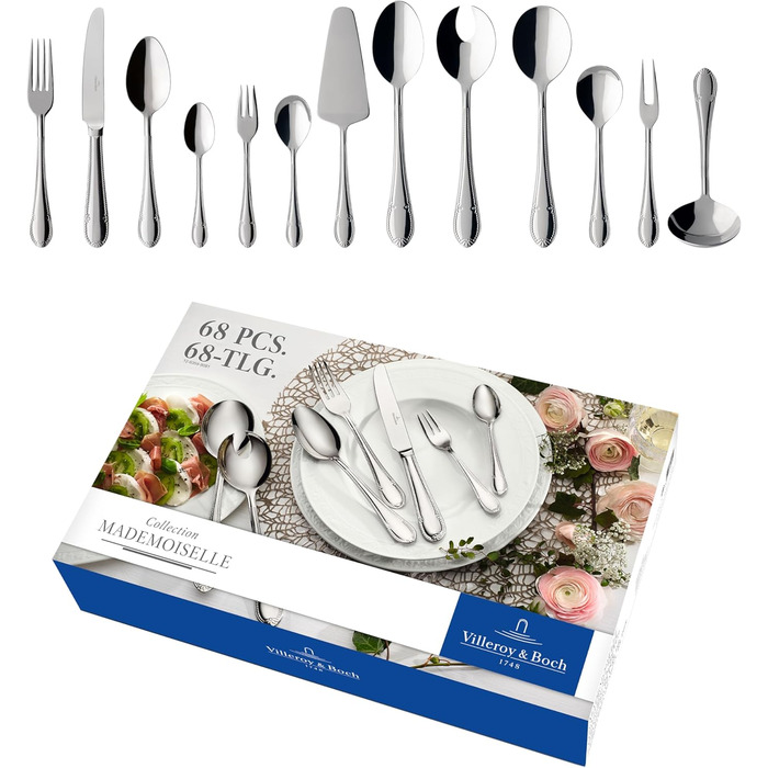 Villeroy & Boch – Mademoiselle Tableware Set, 68-Piece Cutlery Set, Dishwasher-Safe, Stainless Steel, Cutlery for 12 People, Cutlery Set for 12 People, Dinner Cutlery Set, Knives, Forks, Spoons, Stainless Steel 68-Piece. Elegant & Classic