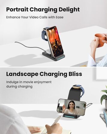 Зарядна станція GEEKERA 3-в-1 для бездротової зарядки Google Pixel Watch 3/2, Fitbit Versa 4/3/Sense 2, iPhone, Pixel, Samsung (Чорний матовий)