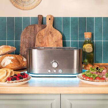 Cecotec Shine&Toast Extra Double stainless steel vertical toaster. 1400W, capacity for 4 slices, 3.8 cm wide slots, illuminated ring, 7 browning levels, upper bread rack.