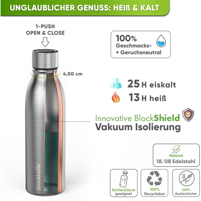 Stainless Steel Water Bottle/Thermos Flask 1L - Suitable for Carbonated Drinks, Leak-Proof, Dishwasher-Safe, Ideal for Sports, Hiking, Kids - BPA-Free