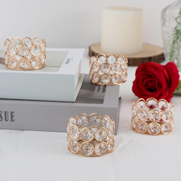 VINCIGANT Tealight Holder Gold Crystal, Metal Candle Holder Stand 12-Piece Set // Christmas Decoration, Living Room, Wedding Table Decoration
