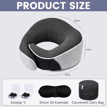 Подушка для шиї Memory Foam, ергономічна, з маскою для очей та навушниками, для подорожей