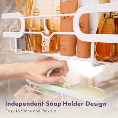 Настінна поличка для душу SWTYMIKI з 2 кошиками та 2 мильницями, з нержавіючої сталі, 14 гачків, білий колір