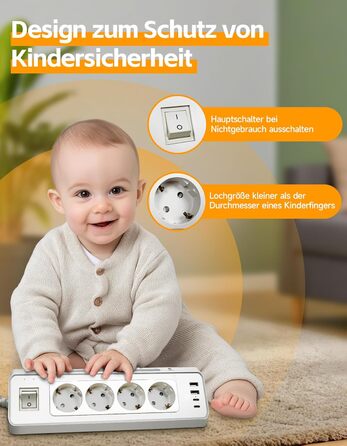 Кутова розетка для кухні Ecksteckdose, 4-портова з 2 USB та 2 Type-C, 3680W/16A з LED, захистом від перенапруги, економна для дому, офісу, кухні, настінний монтаж, кабель 2м білий, 4-портова