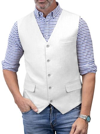 Елегантна жилетка для чоловіків Solovedress: літня жилетка з льону для весілля та свят, білий колір, розмір M