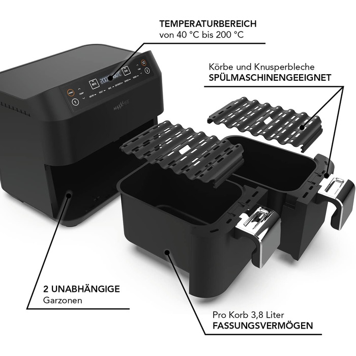 MAXXMEE аерофритюрниця з двома кошиками 7,6 л, цифрова, 2400 Вт, 6 програм, одночасне приготування двох страв
