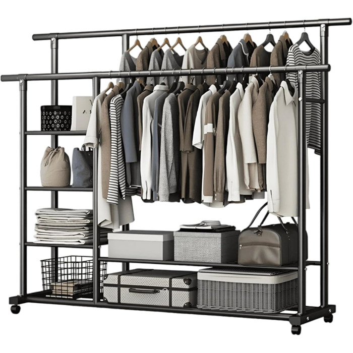 Легкий металевий вішак для одягу на колесах з полицями (білий/чорний)