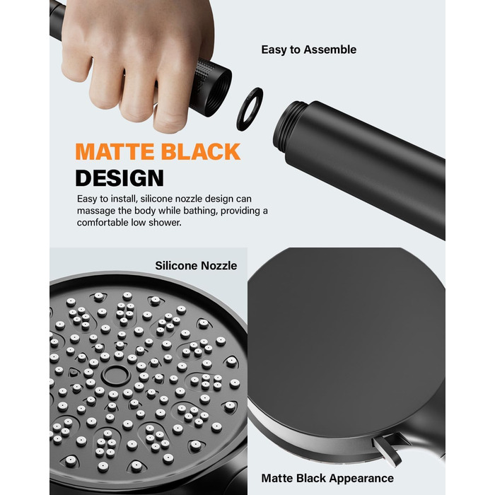 Фільтр для душу Cobbe з шлангом, душова лійка високого тиску з 6 режимами, економна душова лійка з шлангом, ручна лійка з фільтром від накипу для жорсткої води, хлору, чорна