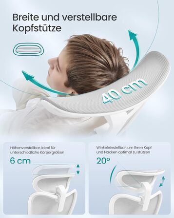 Офісний стіл SONGMICS - ергономічне крісло, комп'ютерне крісло з регульованою поперековою та підголовною підтримкою, до 150 кг, регульована висота, OBN066BH01 (Сірий голуб)