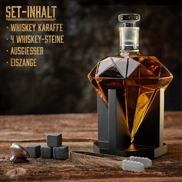 WHISISKEY Whiskey Carafe Set - Whiskey Gift Set - Gifts for Men - Men's Gifts Gift - Birthday Gift for Men - Diamond Decanter 700ML, Gift Box, 4 Whiskey Stones