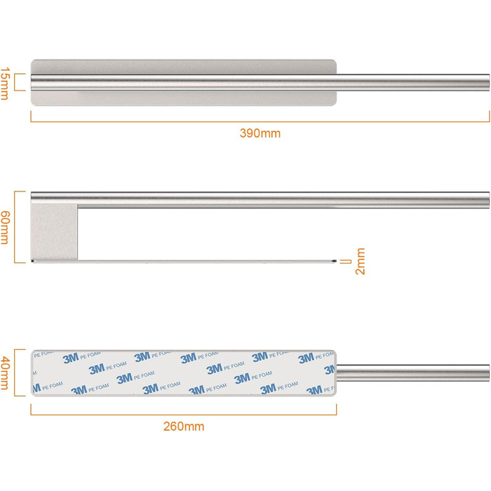 Тримач для рушників Ibergrif M34453A без свердління, 39 см, нержавіюча сталь 304, самоклеючий, срібний (39 x 6 x 4 см)