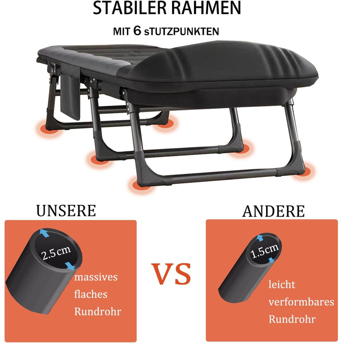 Розкладне ліжко-крісло для кемпінгу та відпочинку: ліжко-крісло, карпове ліжко, гостьове ліжко (чорне)