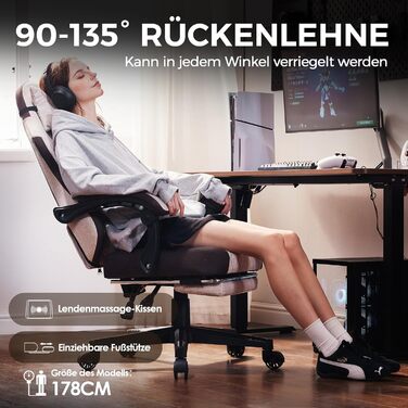 Ігровий крісло Dowinx з тканиною та пружинним сидінням, масажною підтримкою попереку, підніжкою для ніг, ергономічний дизайн, велике та високе, для офісу та ігор, 135 кг, коричневий