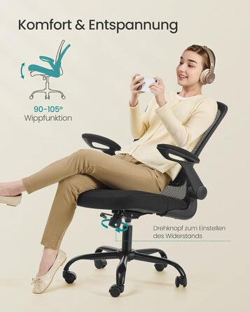 Офісне крісло SONGMICS з ергономічною спинкою з сітки, підтримкою попереку та підголівником, функцією гойдання, сидіння 53 см, відкидні підлокітники, для офісу та спальні, для студентів, чорне