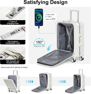 Валіза ручної поклажі Sea Choice з жорстким корпусом з PC, відділенням для ноутбука, USB-портом, 8 колесами Spinner, TSA замком та тримачем для напоїв (білий)