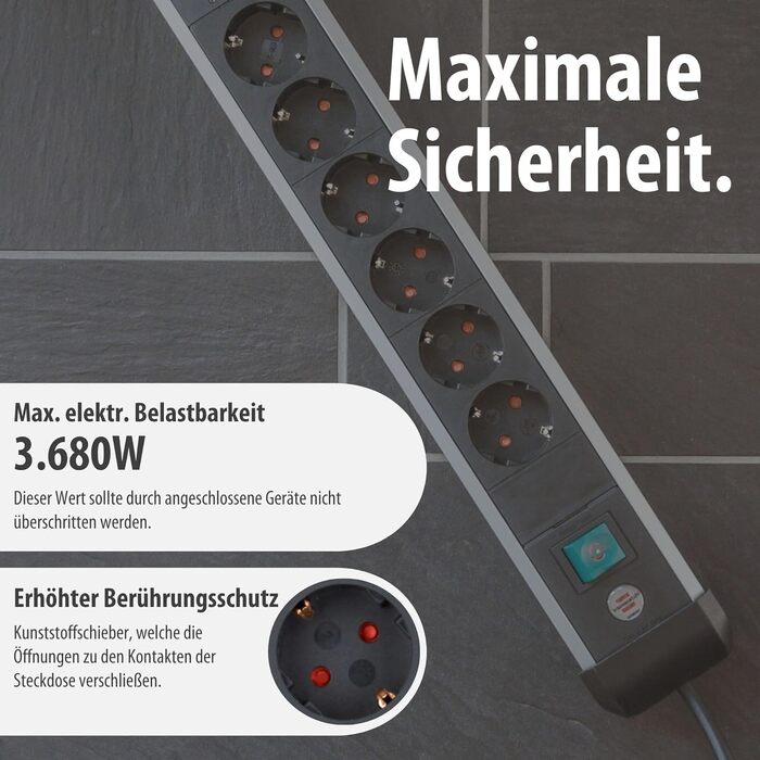 Мережевий фільтр Brennenstuhl Premium-Alu-Line на 6 розеток з USB (USB-C PD 30W та USB-A 18W), 3м, алюмінієвий корпус, з вимикачем, Made in Germany