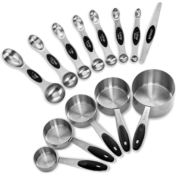 EDELIN Measuring Cups and Magnetic Measuring Spoons, Stainless Steel, 5 Cups and 7 Spoons (black)