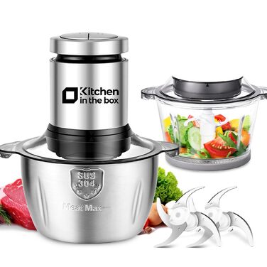Електричний подрібнювач Zerkleinerer Kitchen in the Box 400W зі скляною (1л) та сталевою (2л) чашами для м'яса, овочів, фруктів та дитячого харчування, сріблястий