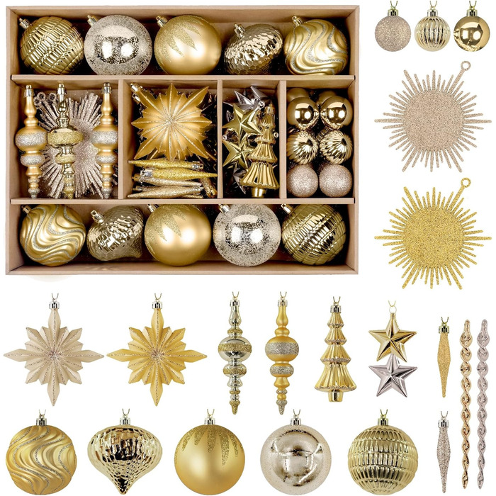 Набір ялинкових прикрас Shareconn, 80 шт., 4–12,5 см, міцні золоті пластикові кулі для ялинки, різдвяний декор, з ниткою для підвішування, темно- та світло-золоті кольори
