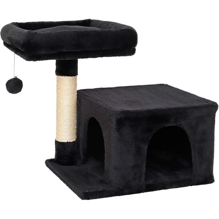 Lionto Scratching Post for Cats with Cozy Lying Area & Cave, Height 50 cm, Cat Tree with Plush Ball including Bell, Sisal Rope & Soft Plush, Suitable for Small & Large Cats, (Black)