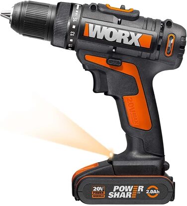 WORX WX101.9 Акумуляторний дриль-шурупокрут 20V – потужний інструмент для свердління та закручування шурупів – 2 швидкості та 15+1 ступенів регулювання крутного моменту – з LED-підсвічуванням (10 мм патрон, 30 Нм, з 2 акумуляторами та зарядним пристроєм)