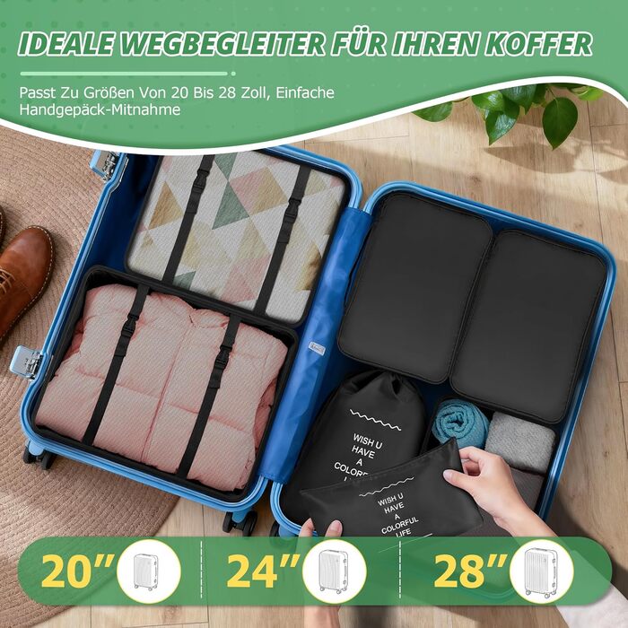 Органайзер для валізи, набір 10 шт: пакувальні куби, водонепроникні мішки для одягу, взуття, косметики, аксесуарів. Чорний колір.