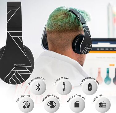 Bluetooth навушники PowerLocus Over Ear бездротові складні навушники On Ear з мікрофоном для iPhone, Android, PC (Чорний/Срібний)