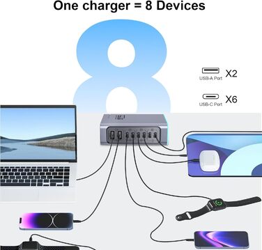 Зарядний пристрій USB 240W, 6 портів: 4xUSB + 2xUSB-A для MacBook, iPad, iPhone, Samsung (швидка зарядка)