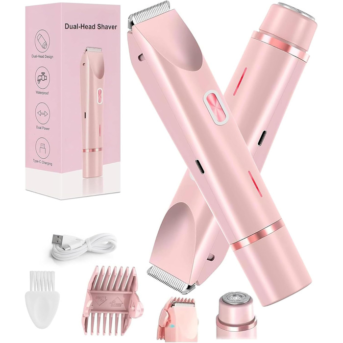 Електричний тример для бікіні для жінок, 2-в-1, рожевий. Тример для тіла, обличчя, брів, вусів, бороди, рук та ніг. Вологостійкий IPX7, для сухого та вологого використання.