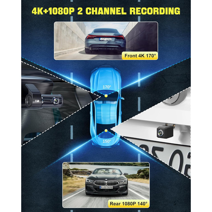 Відеореєстратор AQV Dashcam Auto Vorne und Hinten 4K з WiFi, 64GB SD, G-сенсор, Super Night Vision, 170°+140° Кут огляду, Black-D18