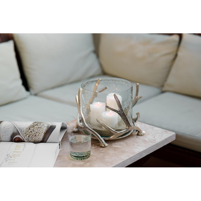 EDZARD Hurricane Candle Holder Kingston, Deer Antler Design, Silver, Nickel-Plated Aluminum, with Glass, Height 13 cm, Diameter 15 cm (Height 20 cm, Diameter 25 cm)