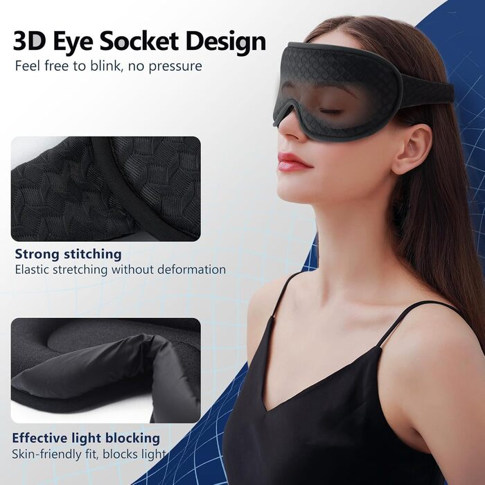 Маска для сну Aosun 3D для тих, хто спить на боці, оновлена версія 2025, повна світлоблокування, дихаюча, з регульованим гумкою та берушами, для подорожей, офісу, йоги, чорна