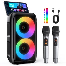 Караоке машина з 2 бездротовими мікрофонами Bluetooth 2x10W – портативна колонка з TWS/AUX/USB/FM для TV, смартфону та планшету. Ідеально для вечірок, днів народження та подорожей (Mic2)
