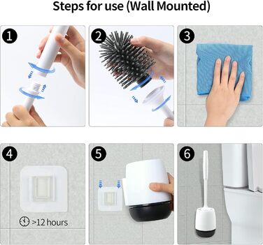 Силіконова щітка для унітазу BOENFU з швидким висиханням, без свердління, настінний кріплення та підставка для ванної кімнати, біла