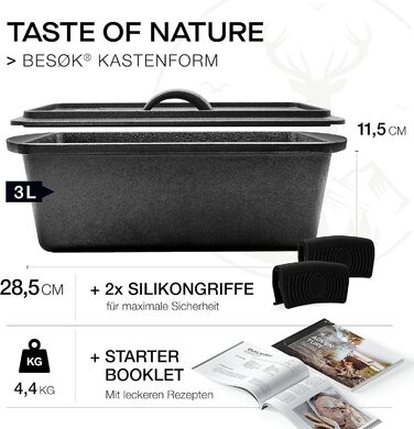 Tomorrow: Bread baking tin with lid incl. recipe booklet - 28cm cast iron baking tin for baking bread, accessories - loaf tin, toast bread tin, loaf tin, baking dish, loaf tin, rectangular bread tin