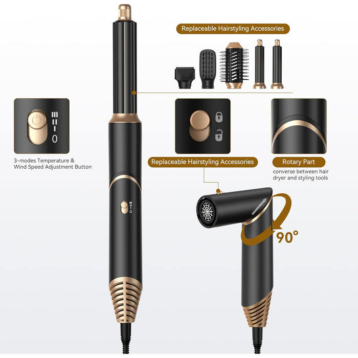 UKLISS 5-в-1 Фен-стайлер для волосся з набором плойки, щітки та інших насадок. Чорний/Золотий. Ідеальний подарунок для жінок