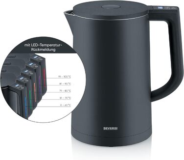 Електричний чайник Severin WK 3484 Cool Touch: подвійні стінки, LED-дисплей температури, 1.7 л, 2200 Вт, чорний