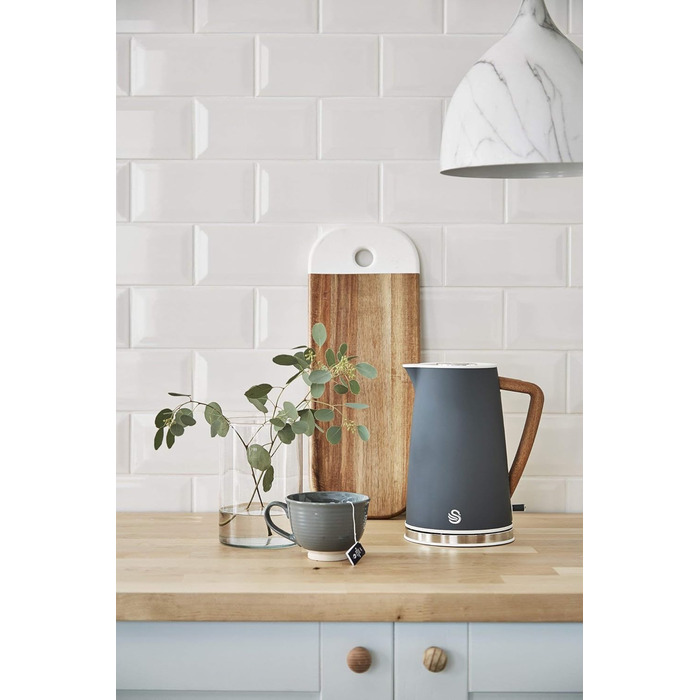 Swan Nordic Ultra Fast Electric Kettle - Wireless, Modern Design, 1.7L, 2200W, Wood-Look Handle, Auto Shutoff, White (Gray, Single)