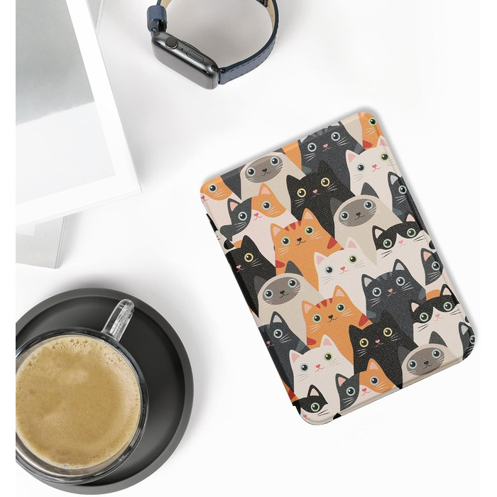Чохол-книжка kwmobile для Kobo Clara BW/Clara Colour/Tolino Shine (5) / Shine Color - Чохол для електронного читача з принтом котів (помаранчевий, чорний, білий)