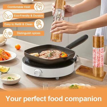 Salt and Pepper Grinder Set of 2, Manual Spice Grinder including Coaster, Cleaning Brush, Spoon (21.5 cm) - Wooden Salt Mill with Adjustable Ceramic Grinder for Spices Pepper Salt