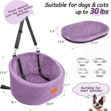 Зручний автокрісло для собак з кріпленням для безпеки, миється, з антиковзною основою (Purple, Small)