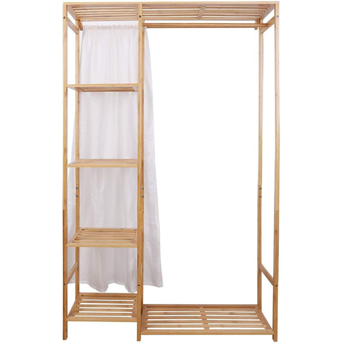 Bamboo Clothes Rack, Coat Stand with Shelves, Laundry Rack with Curtain and Clothes Rail, 90x30x146.6cm