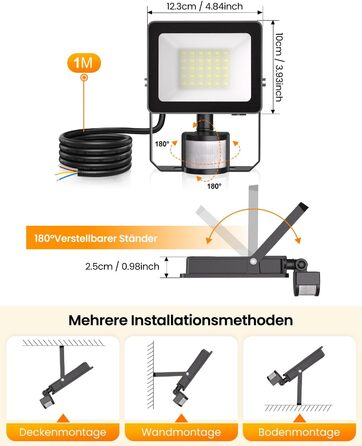 MEIKEE 60W LED Floodlight with Motion Sensor, 5900LM, 6500K Cool White, 3 Modes, 10 Brightness Levels, LED Floodlight with Sensor, IP66 Waterproof Spotlight for Garden, Garage, Sports Field (25 Watt)